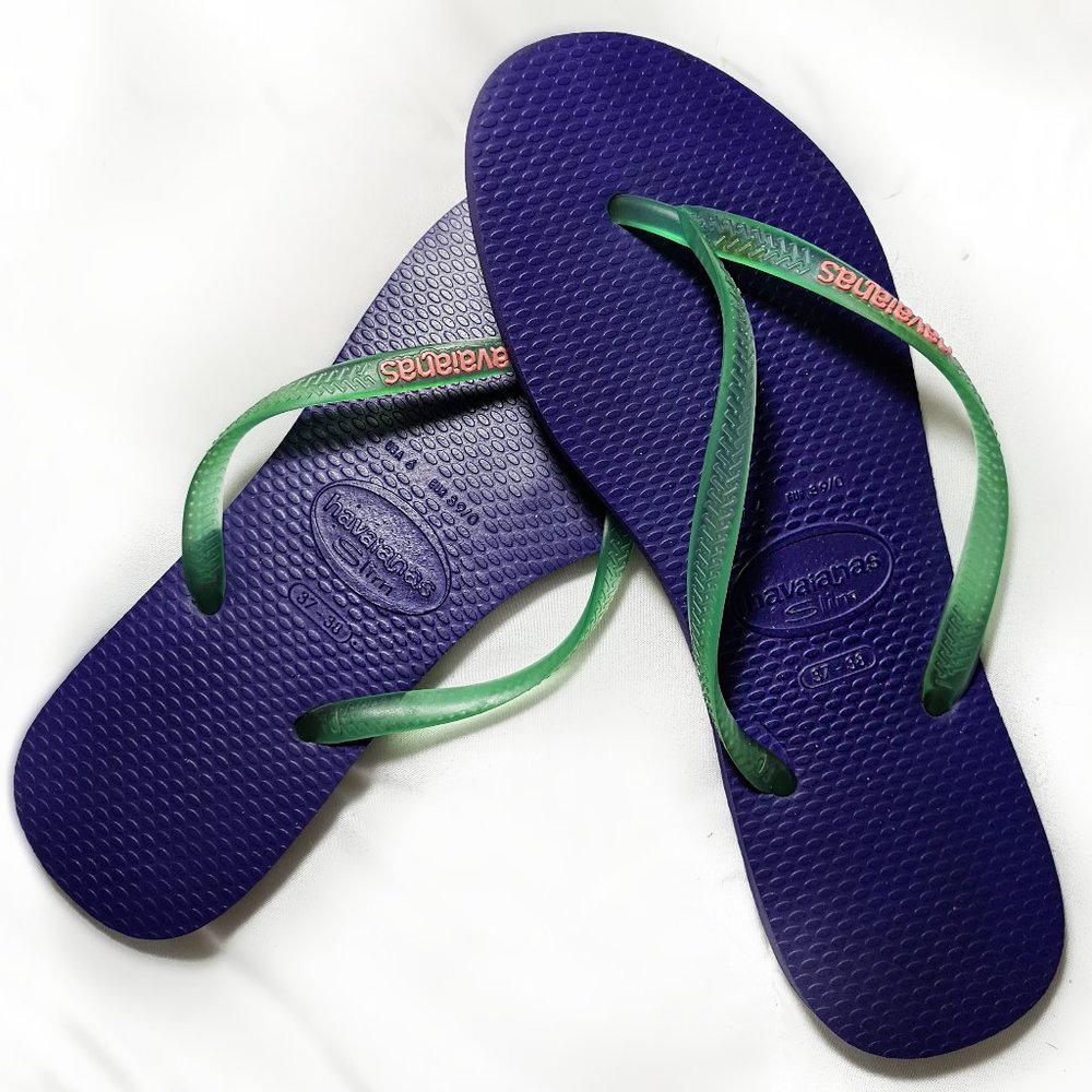 Havaianas - Slim Flip Flops - Blue w/ green Strap - 7/8